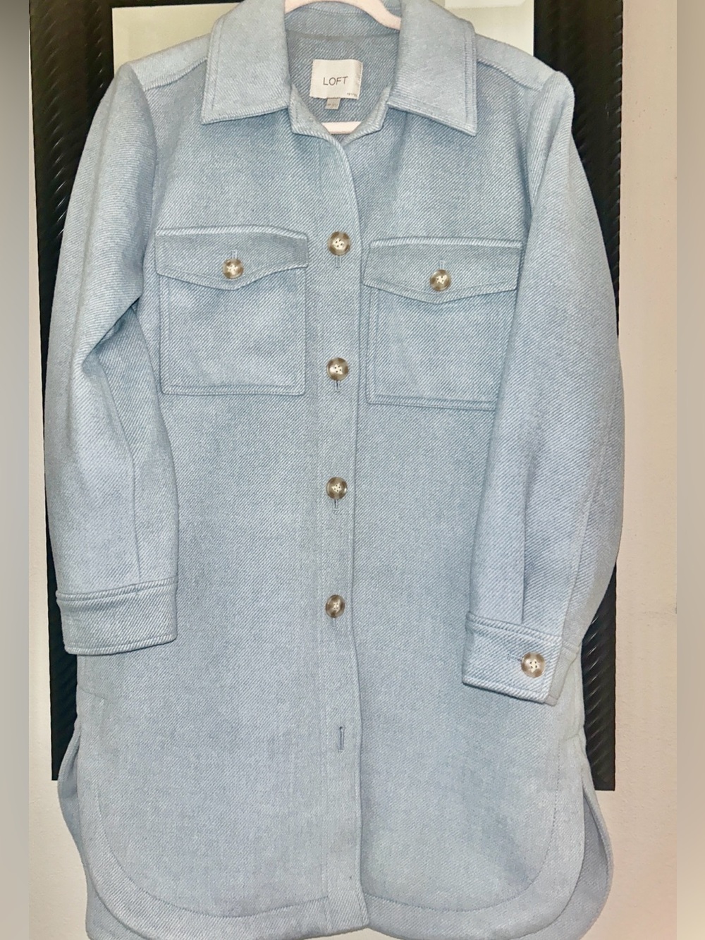 LOFT Pale Light Blue Button-Up Shacket Petite Medium